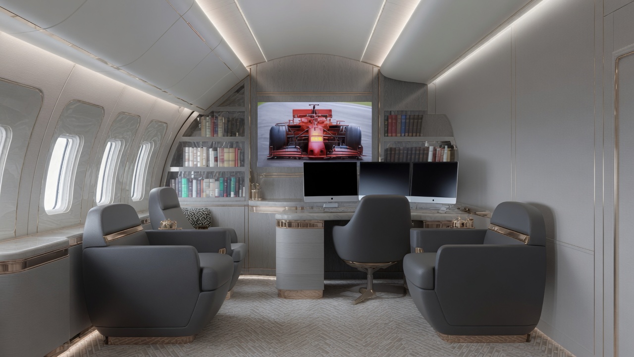 Executive in-flight office suite aboard a VIP widebody