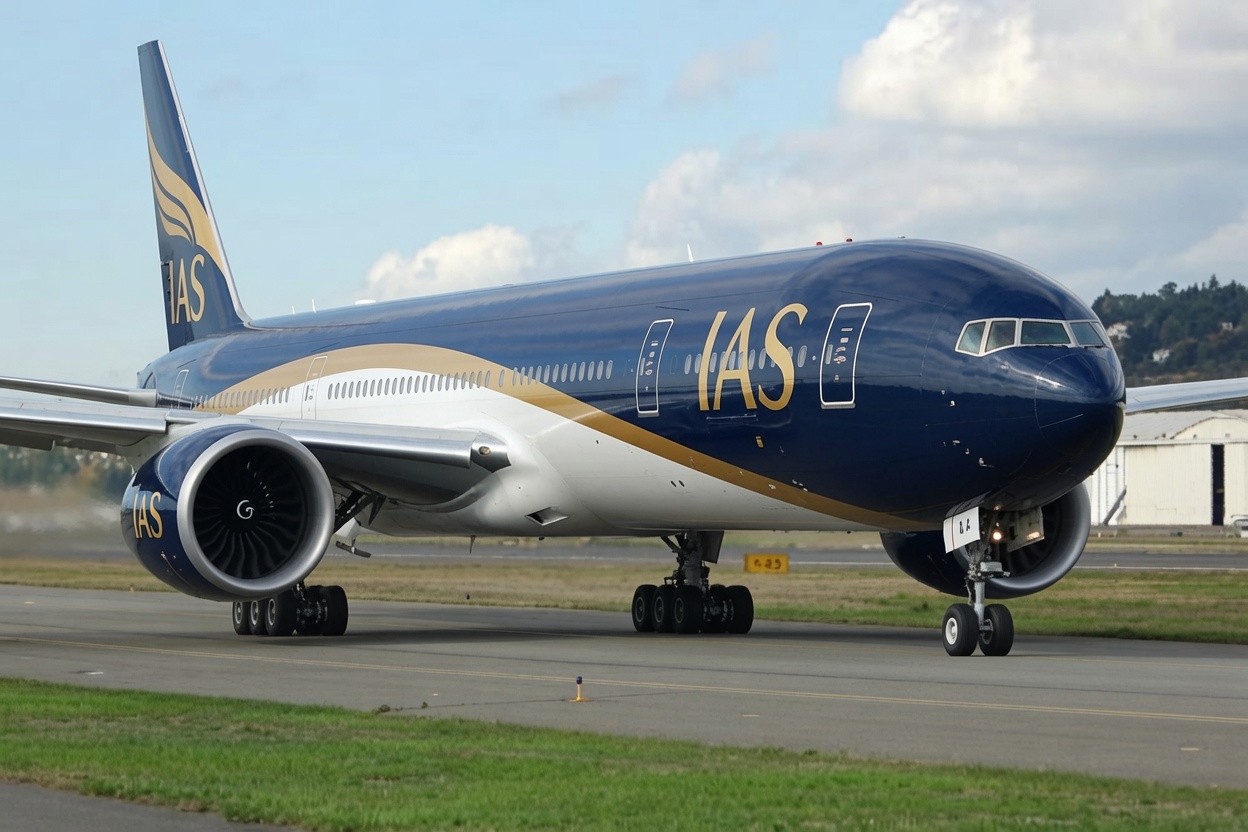 IAS Boeing 777 in navy and gold livery on the taxiway
